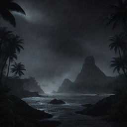 Illustrate an image of a pitch black Isla Nublar, only the distant roars of dinosaurs and the rustle of the jungle penetrating the eerily calm and dark night.