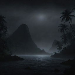 Illustrate an image of a pitch black Isla Nublar, only the distant roars of dinosaurs and the rustle of the jungle penetrating the eerily calm and dark night.