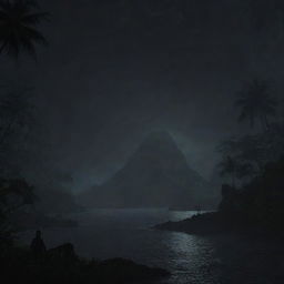 Illustrate an image of a pitch black Isla Nublar, only the distant roars of dinosaurs and the rustle of the jungle penetrating the eerily calm and dark night.