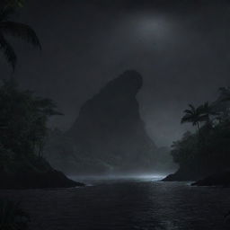 Illustrate an image of a pitch black Isla Nublar, only the distant roars of dinosaurs and the rustle of the jungle penetrating the eerily calm and dark night.