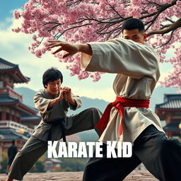 A dramatic and action-packed movie trailer scene from "Karate Kid 2 (2025)" featuring Jackie Chan and Jaden Smith