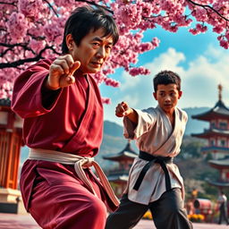 A dramatic and action-packed movie trailer scene from "Karate Kid 2 (2025)" featuring Jackie Chan and Jaden Smith