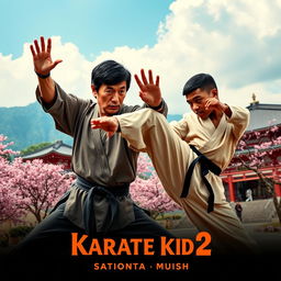 A dramatic and action-packed movie trailer scene from "Karate Kid 2 (2025)" featuring Jackie Chan and Jaden Smith