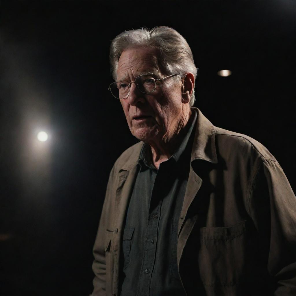 Render an image of a confused John Hammond standing in the dark, silent Visitor Center, peering into the blackened scenery outside with a small emergency light casting a weak glow over his worried expression.