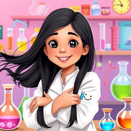 A charming illustration of a young Arab girl, 10 years old, with very fair skin, long, straight black hair flowing freely, and bright black eyes that radiate joy