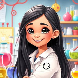A charming illustration of a young Arab girl, 10 years old, with very fair skin, long, straight black hair flowing freely, and bright black eyes that radiate joy