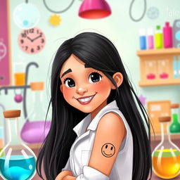 A charming illustration of a young Arab girl, 10 years old, with very fair skin, long, straight black hair flowing freely, and bright black eyes that radiate joy