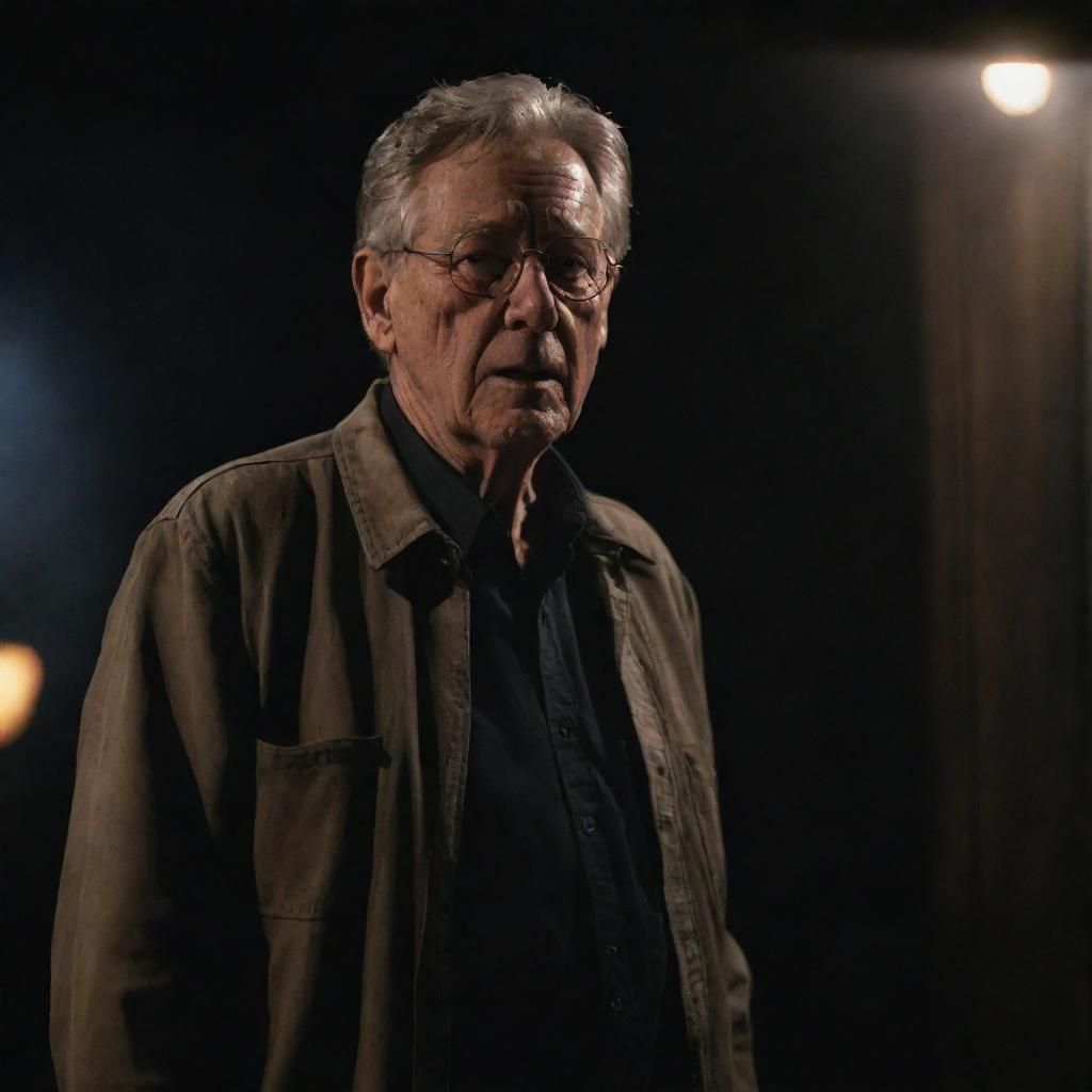 Render an image of a confused John Hammond standing in the dark, silent Visitor Center, peering into the blackened scenery outside with a small emergency light casting a weak glow over his worried expression.