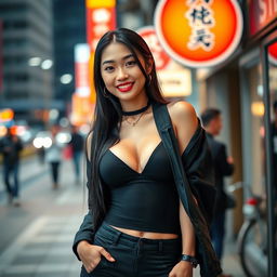 A stunning Chinese woman with a slim figure and large breasts, representing an attractive blend of Asian descent, styled in a trendy outfit popular on Douyin