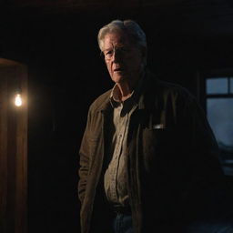 Render an image of a confused John Hammond standing in the dark, silent Visitor Center, peering into the blackened scenery outside with a small emergency light casting a weak glow over his worried expression.