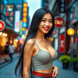 A stunning Chinese woman with a slim figure and large breasts, representing an attractive blend of Asian descent, styled in a trendy outfit popular on Douyin
