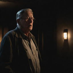 Render an image of a confused John Hammond standing in the dark, silent Visitor Center, peering into the blackened scenery outside with a small emergency light casting a weak glow over his worried expression.