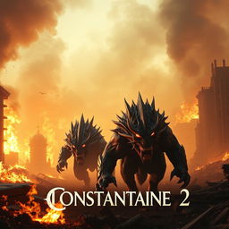A thrilling scene from the upcoming Constantine 2 trailer featuring two massive, menacing beasts rampaging through a fiery, apocalyptic landscape