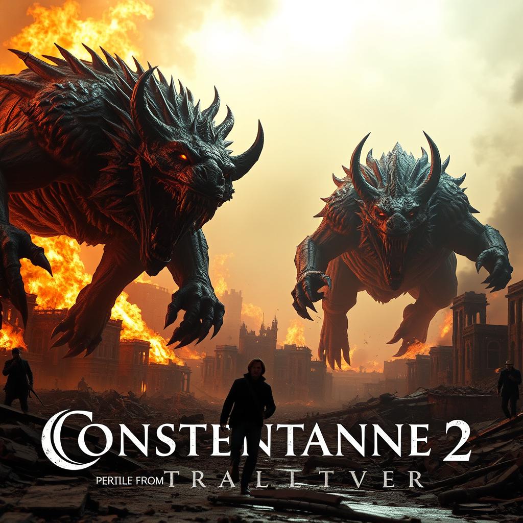 A thrilling scene from the upcoming Constantine 2 trailer featuring two massive, menacing beasts rampaging through a fiery, apocalyptic landscape