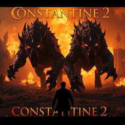 A thrilling scene from the upcoming Constantine 2 trailer featuring two massive, menacing beasts rampaging through a fiery, apocalyptic landscape