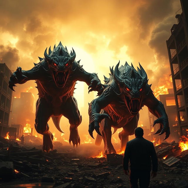 A thrilling scene from the upcoming Constantine 2 trailer featuring two massive, menacing beasts rampaging through a fiery, apocalyptic landscape