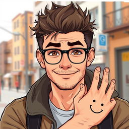 A detailed illustration of an ordinary white man with a military-style haircut and warm brown eyes, wearing stylish glasses
