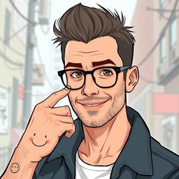 A detailed illustration of an ordinary white man with a military-style haircut and warm brown eyes, wearing stylish glasses