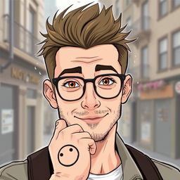 A detailed illustration of an ordinary white man with a military-style haircut and warm brown eyes, wearing stylish glasses
