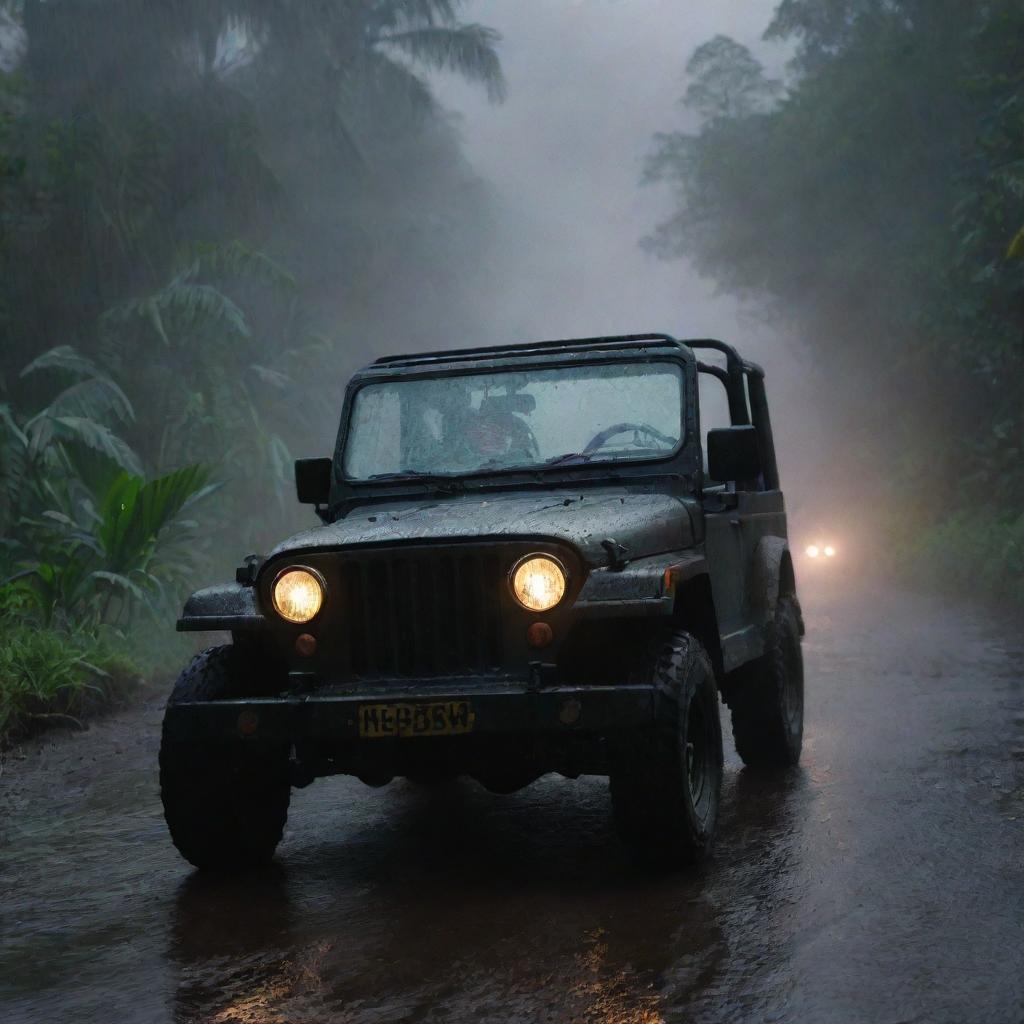 Create an image of Denis Nedry in a Jurassic Park Jeep, speeding through the dark, rain-drenched trails of Isla Nublar, heading towards the dimly lit harbor.