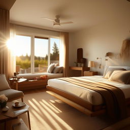 A picture-perfect, welcoming bedroom filled with modern furniture, accented with personal items, bathed in natural sunlight streaming through large windows, transmitting a sense of supreme comfort and coziness