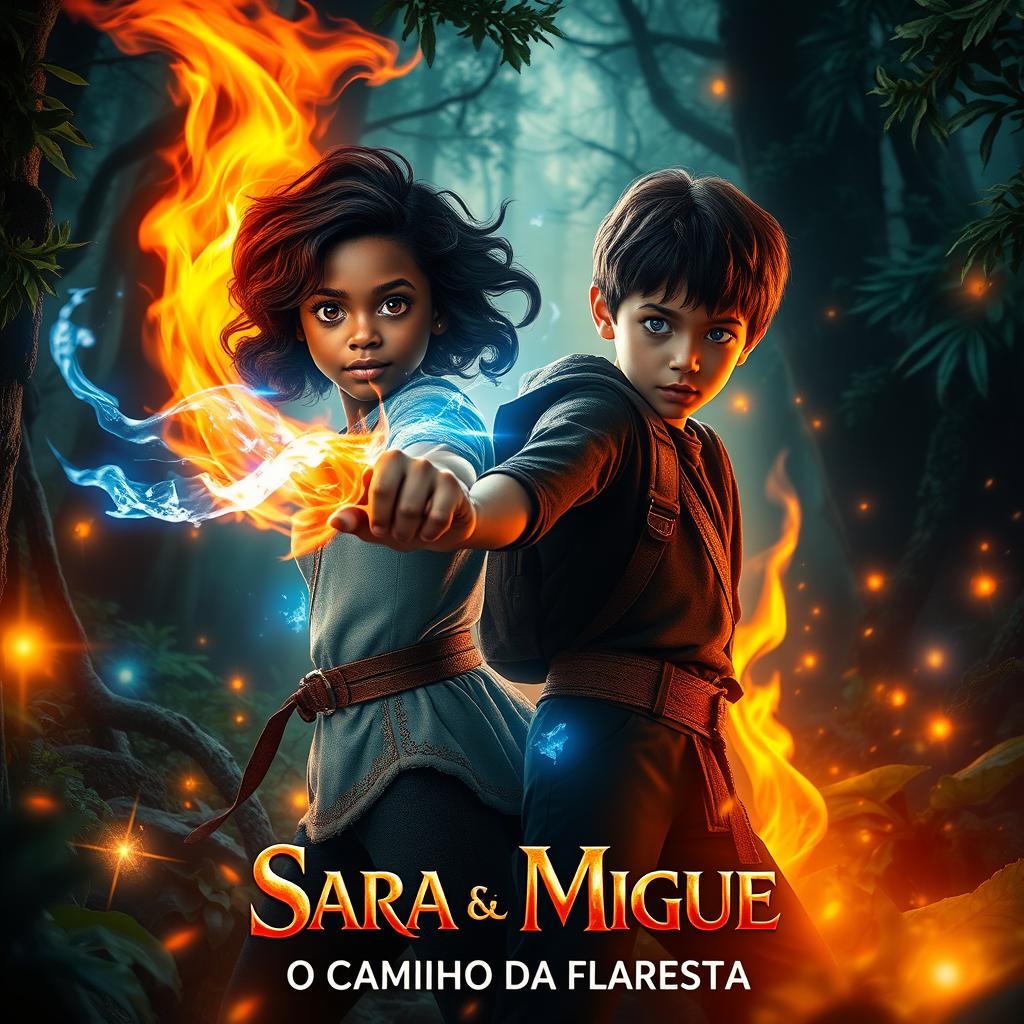 A powerful scene depicting a young Black girl with wavy hair and fiery eyes wielding a fire element, standing confidently in a mystical forest