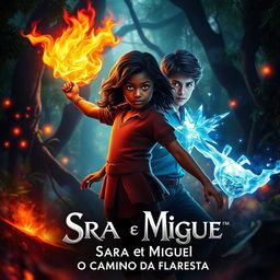 A powerful scene depicting a young Black girl with wavy hair and fiery eyes wielding a fire element, standing confidently in a mystical forest