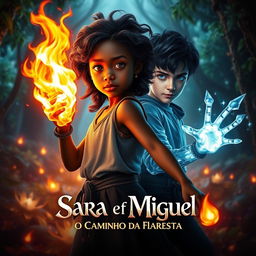 A powerful scene depicting a young Black girl with wavy hair and fiery eyes wielding a fire element, standing confidently in a mystical forest