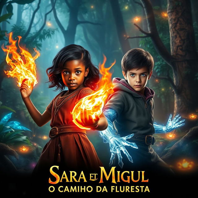 A powerful scene depicting a young Black girl with wavy hair and fiery eyes wielding a fire element, standing confidently in a mystical forest