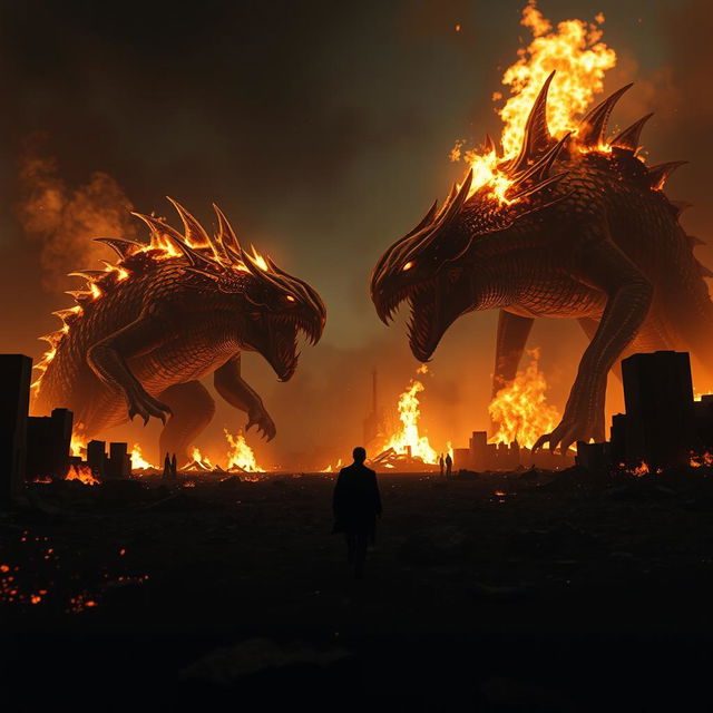 A captivating moment from the Constantine 2 trailer showcasing two gigantic, fearsome creatures wreaking havoc in a fiery, desolate environment