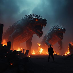 A captivating moment from the Constantine 2 trailer showcasing two gigantic, fearsome creatures wreaking havoc in a fiery, desolate environment