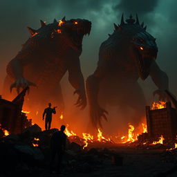 A captivating moment from the Constantine 2 trailer showcasing two gigantic, fearsome creatures wreaking havoc in a fiery, desolate environment