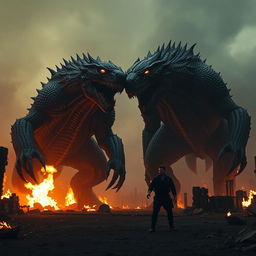 A captivating moment from the Constantine 2 trailer showcasing two gigantic, fearsome creatures wreaking havoc in a fiery, desolate environment