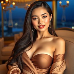 A stunning Thai woman with a harmonious blend of Asian features, exuding beauty and elegance, characterized by her large breasts and slim figure