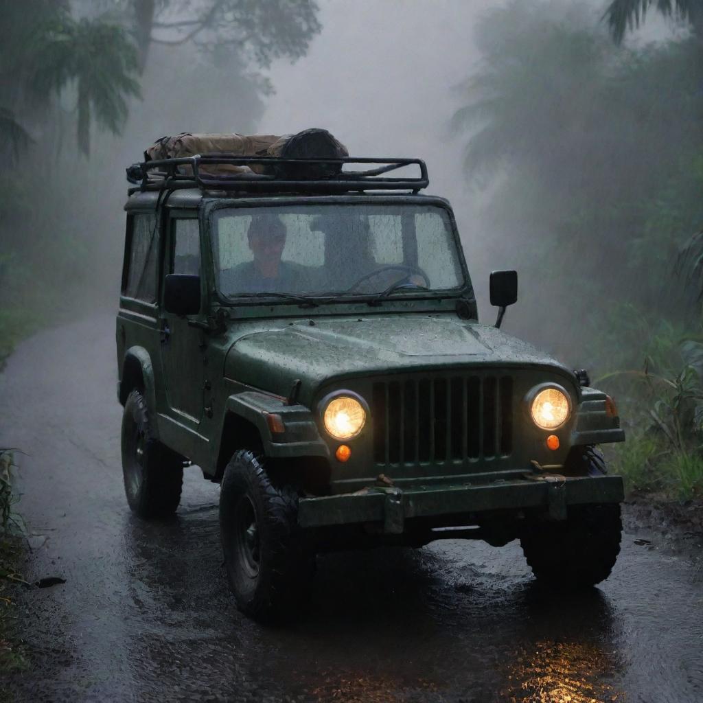 Create an image of Denis Nedry in a Jurassic Park Jeep, speeding through the dark, rain-drenched trails of Isla Nublar, heading towards the dimly lit harbor.