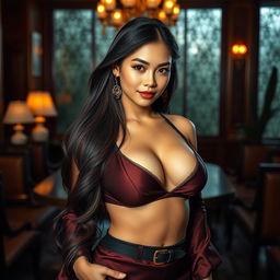 A stunning Thai woman with a harmonious blend of Asian features, exuding beauty and elegance, characterized by her large breasts and slim figure
