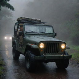 Create an image of Denis Nedry in a Jurassic Park Jeep, speeding through the dark, rain-drenched trails of Isla Nublar, heading towards the dimly lit harbor.