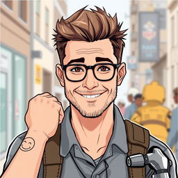 An illustration of an ordinary white man with a military-style haircut and warm brown eyes, wearing stylish glasses