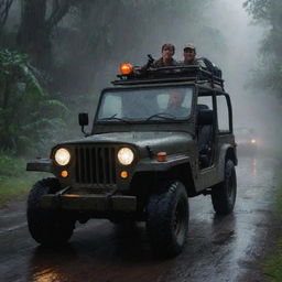 Create an image of Denis Nedry in a Jurassic Park Jeep, speeding through the dark, rain-drenched trails of Isla Nublar, heading towards the dimly lit harbor.