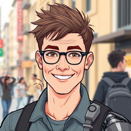 An illustration of an ordinary white man with a military-style haircut and warm brown eyes, wearing stylish glasses