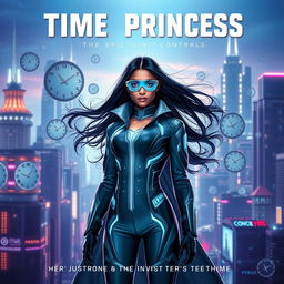 A cinematic sci-fi superhero film poster featuring an Indian scientist girl with futuristic time control superpowers