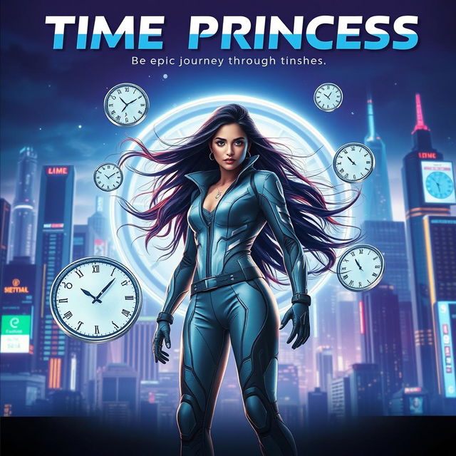 A cinematic sci-fi superhero film poster featuring an Indian scientist girl with futuristic time control superpowers