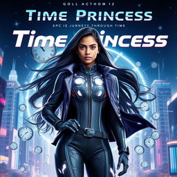 A cinematic sci-fi superhero film poster featuring an Indian scientist girl with futuristic time control superpowers