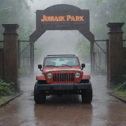 Illustrate an intense scene of Denis Nedry crashing through the iconic Jurassic Park gate with the Jeep, splintered pieces of the sign scattered around under the pouring rain.