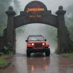 Illustrate an intense scene of Denis Nedry crashing through the iconic Jurassic Park gate with the Jeep, splintered pieces of the sign scattered around under the pouring rain.