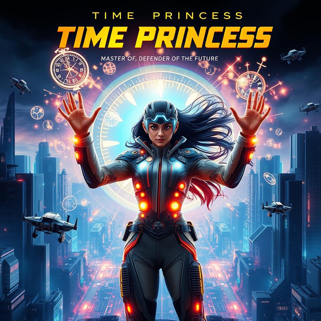 A cinematic sci-fi superhero film poster featuring an Indian scientist girl with futuristic time control superpowers