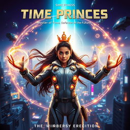A cinematic sci-fi superhero film poster featuring an Indian scientist girl with futuristic time control superpowers