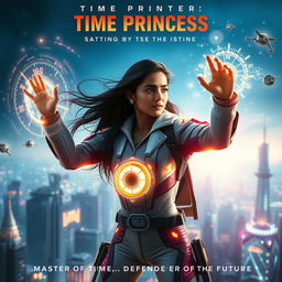 A cinematic sci-fi superhero film poster featuring an Indian scientist girl with futuristic time control superpowers