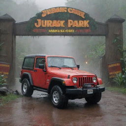 Illustrate an intense scene of Denis Nedry crashing through the iconic Jurassic Park gate with the Jeep, splintered pieces of the sign scattered around under the pouring rain.