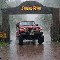 Illustrate an intense scene of Denis Nedry crashing through the iconic Jurassic Park gate with the Jeep, splintered pieces of the sign scattered around under the pouring rain.